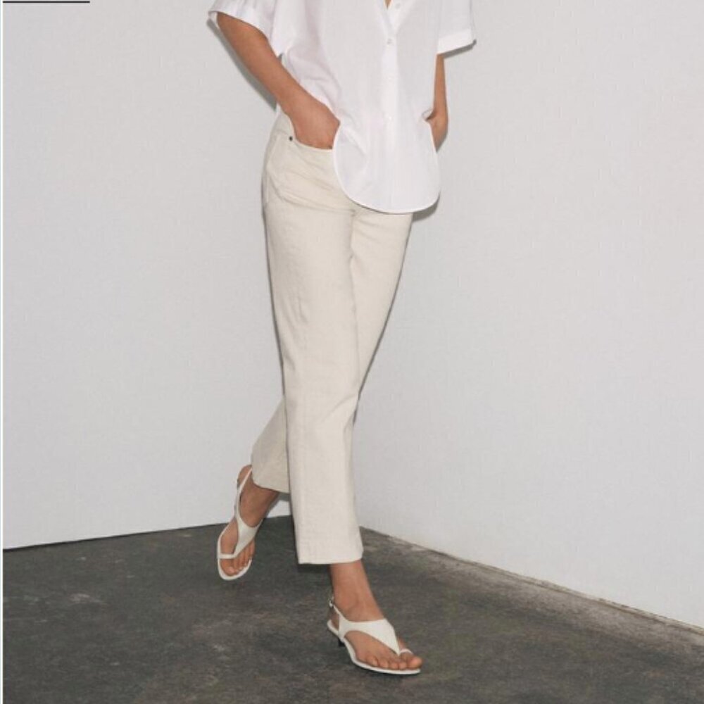 Zara Cropped High Rise Cream Jeans Raw Hem 6